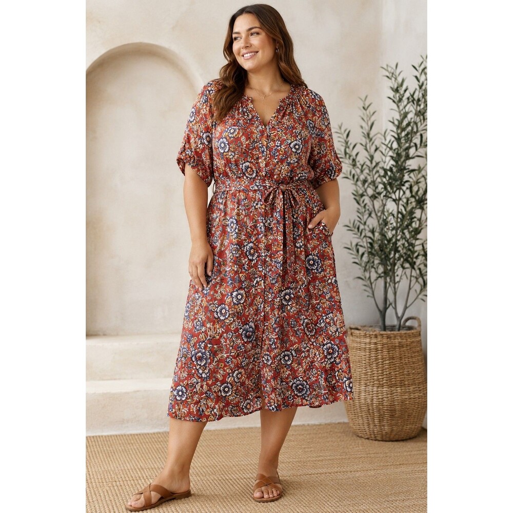 Faherty Carmel Linen Blend Dress Red Desert Bloom Floral Belted Midi Women's XL